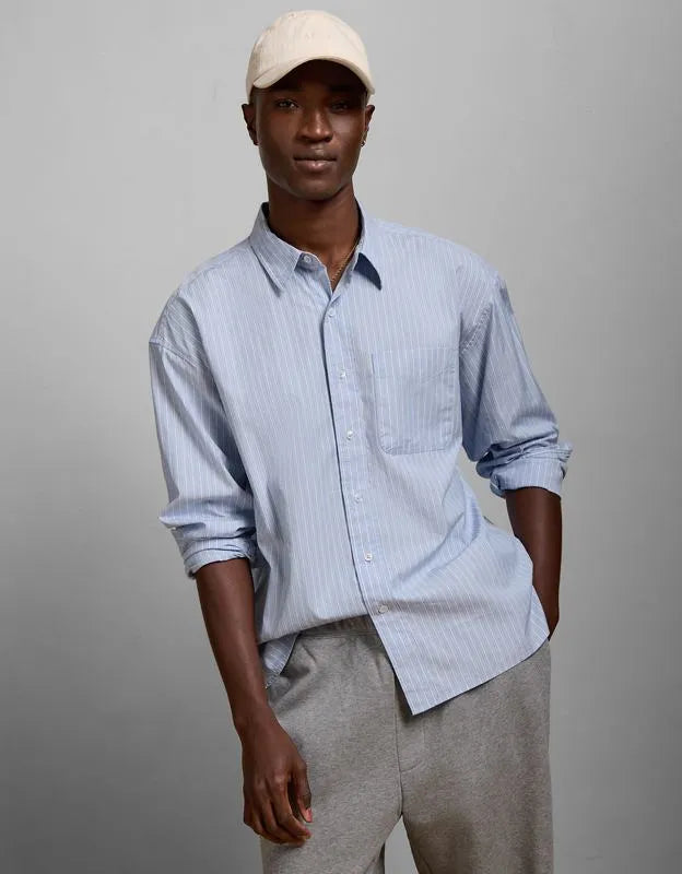 AE77 Premium Relaxed Striped Poplin Button-Up Shirt