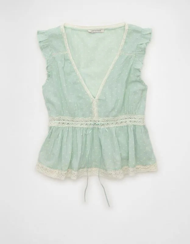 AE Lace Trim Flutter Sleeve Blouse