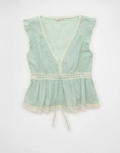 AE Lace Trim Flutter Sleeve Blouse