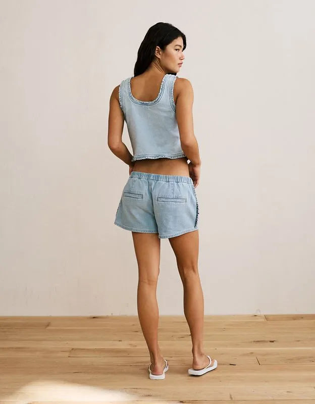 AE Cropped Ruffle Trim Denim Tank Top