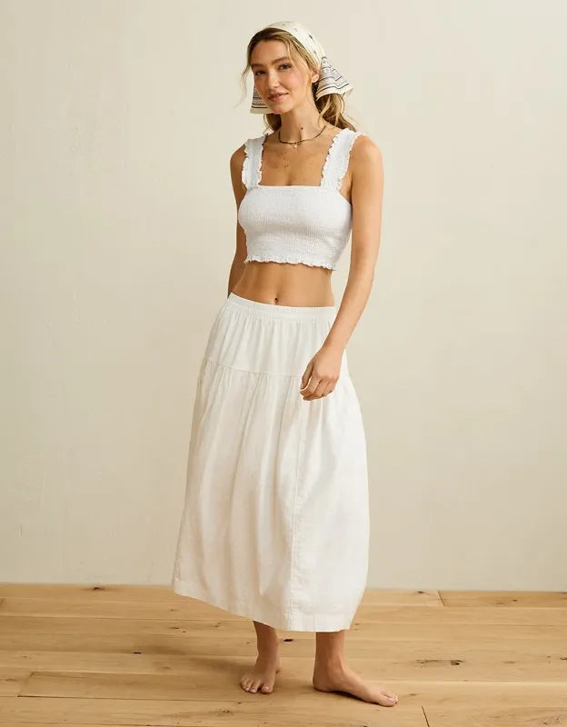 AE Cropped Linen-Blend Smocked Cami