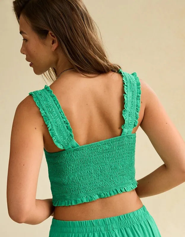 AE Cropped Linen-Blend Smocked Cami