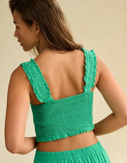 AE Cropped Linen-Blend Smocked Cami