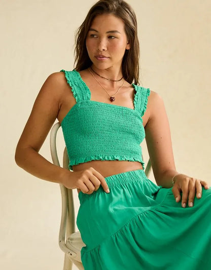 AE Cropped Linen-Blend Smocked Cami