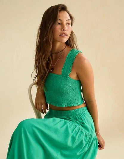 AE Cropped Linen-Blend Smocked Cami
