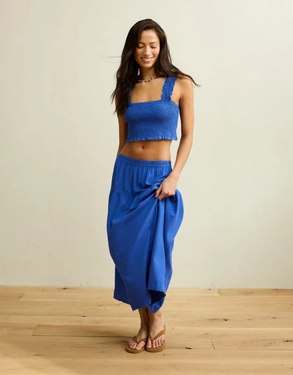 AE Cropped Linen-Blend Smocked Cami