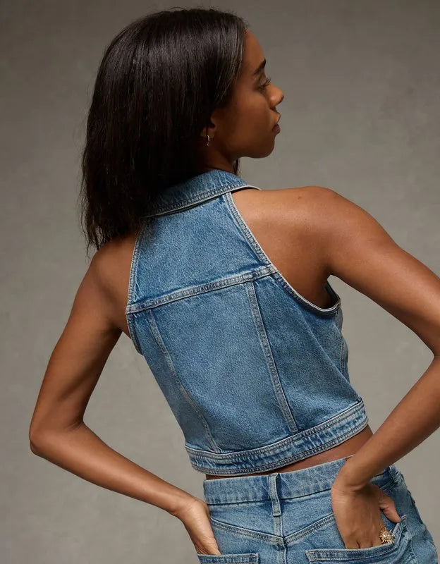 AE Cropped Collared Denim Vest