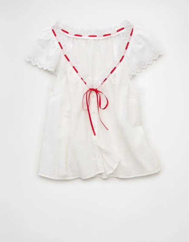 AE Short-Sleeve Ribbon Blouse