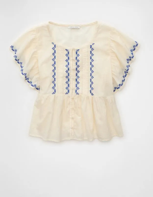 AE Short-Sleeve Embroidered Blouse