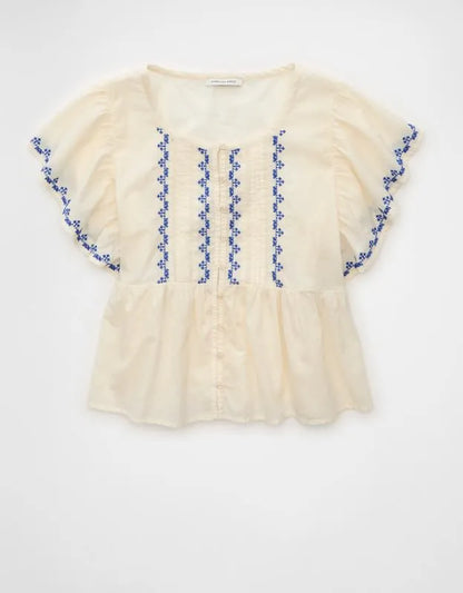 AE Short-Sleeve Embroidered Blouse