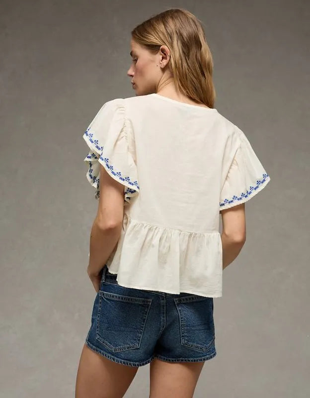 AE Short-Sleeve Embroidered Blouse