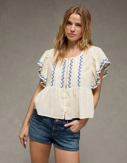 AE Short-Sleeve Embroidered Blouse