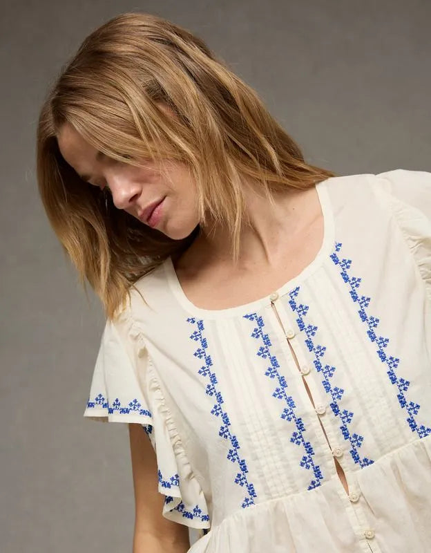 AE Short-Sleeve Embroidered Blouse