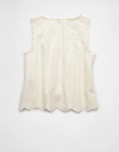 AE Ruffle-Neck Eyelet Button-Up Top