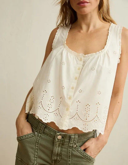 AE Ruffle-Neck Eyelet Button-Up Top