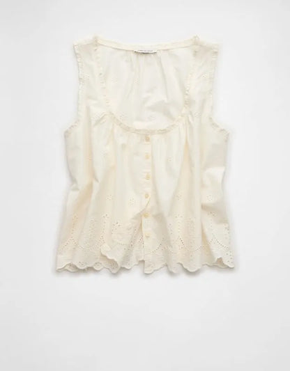 AE Ruffle-Neck Eyelet Button-Up Top