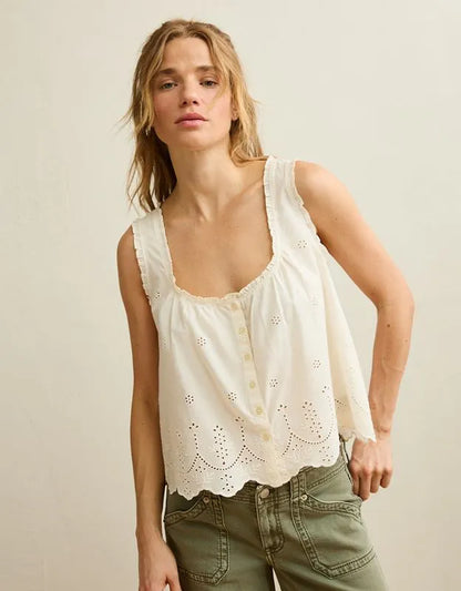 AE Ruffle-Neck Eyelet Button-Up Top