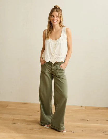 AE Ruffle-Neck Eyelet Button-Up Top