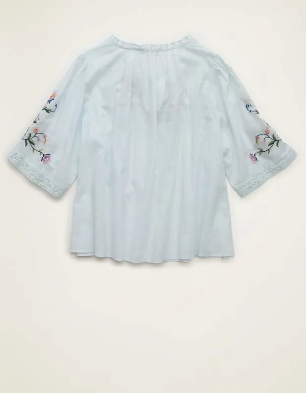 AE Flutter-Sleeve Embroidered Top