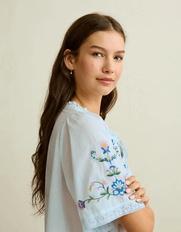 AE Flutter-Sleeve Embroidered Top