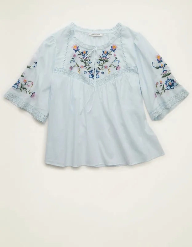 AE Flutter-Sleeve Embroidered Top
