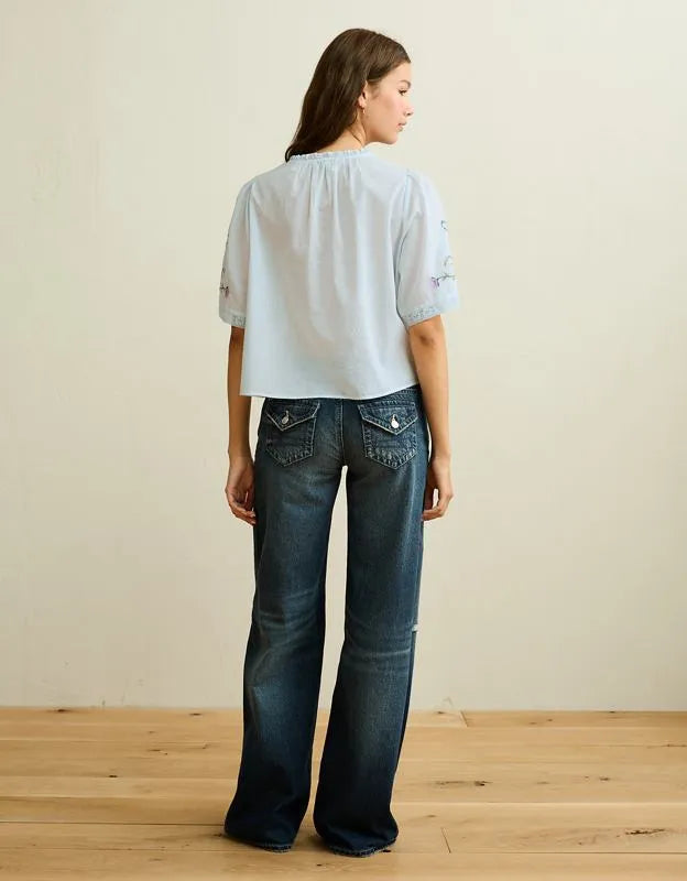 AE Flutter-Sleeve Embroidered Top