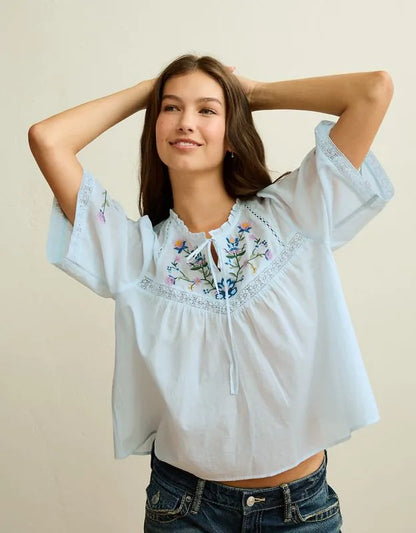 AE Flutter-Sleeve Embroidered Top
