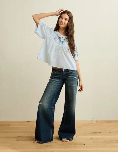 AE Flutter-Sleeve Embroidered Top