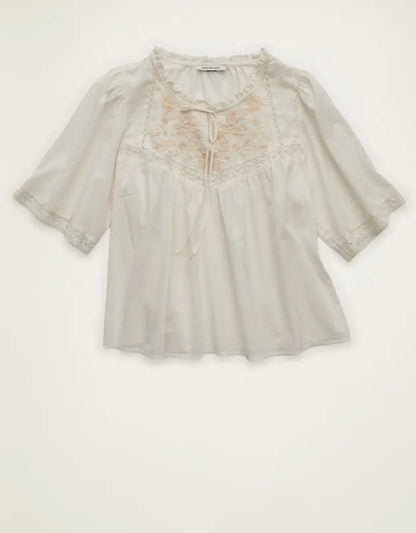 AE Flutter-Sleeve Embroidered Top