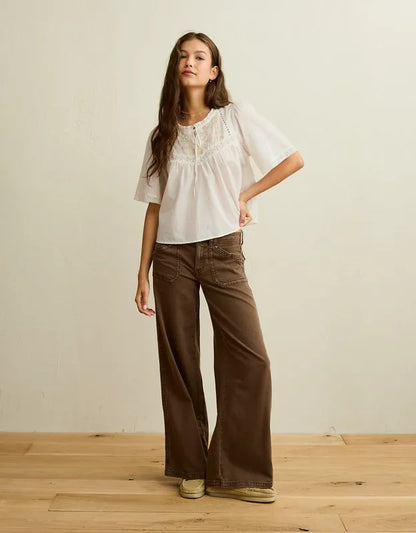 AE Flutter-Sleeve Embroidered Top