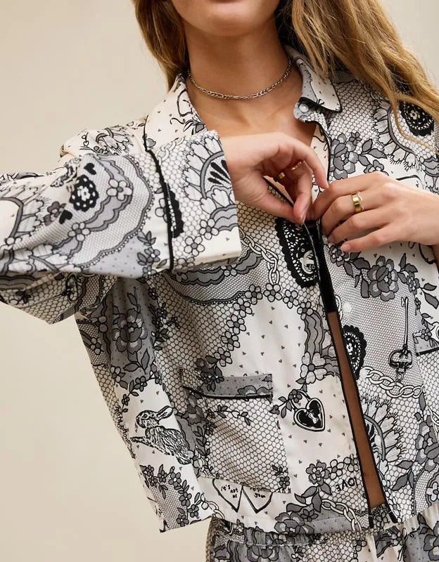 Aerie Satin Cropped Long Sleeve Pajama Top