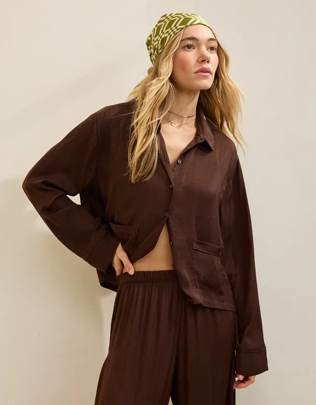 Aerie Satin Cropped Long Sleeve Pajama Top