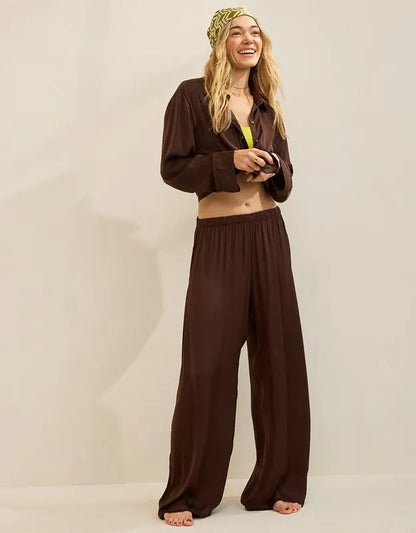 Aerie Satin Cropped Long Sleeve Pajama Top