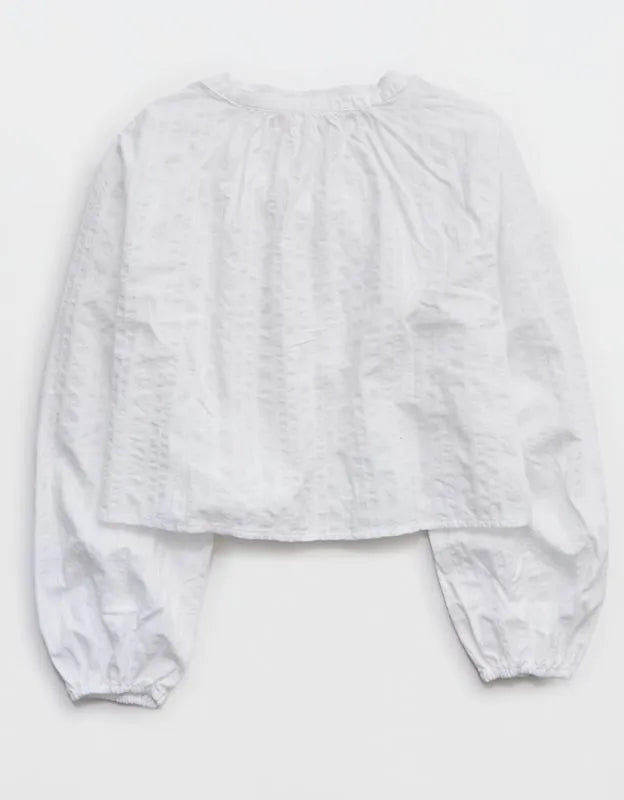 OVERSLEPT by Aerie Seersucker Long Sleeve Volume Tie Top