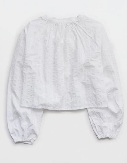 OVERSLEPT by Aerie Seersucker Long Sleeve Volume Tie Top
