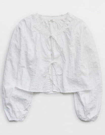 OVERSLEPT by Aerie Seersucker Long Sleeve Volume Tie Top