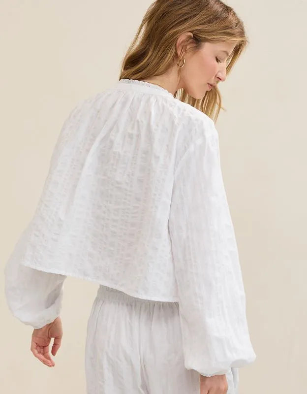 OVERSLEPT by Aerie Seersucker Long Sleeve Volume Tie Top