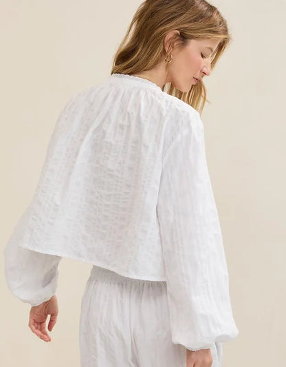 OVERSLEPT by Aerie Seersucker Long Sleeve Volume Tie Top