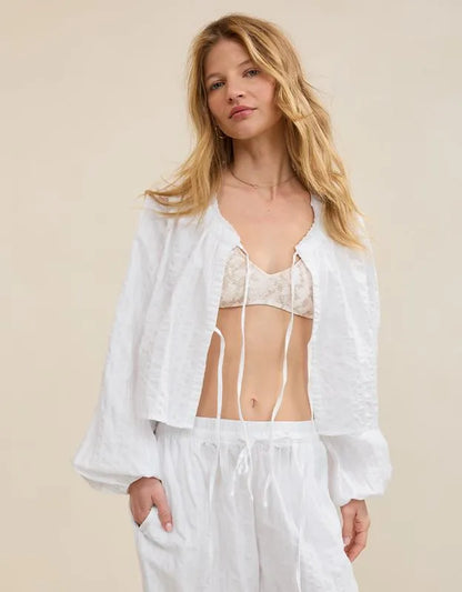 OVERSLEPT by Aerie Seersucker Long Sleeve Volume Tie Top