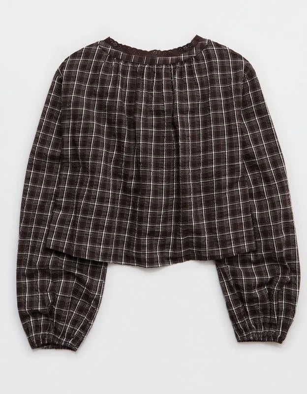 OVERSLEPT by Aerie Seersucker Long Sleeve Volume Tie Top