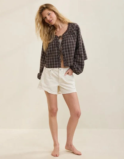 OVERSLEPT by Aerie Seersucker Long Sleeve Volume Tie Top