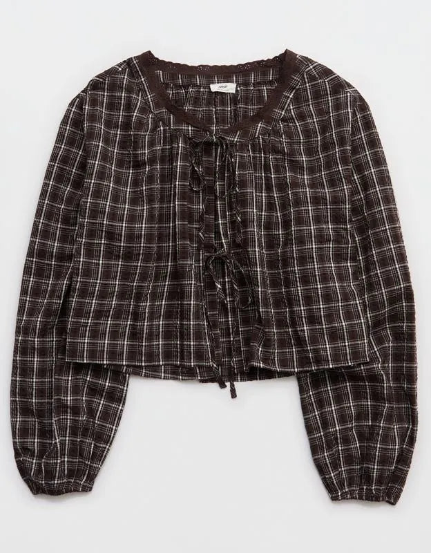 OVERSLEPT by Aerie Seersucker Long Sleeve Volume Tie Top
