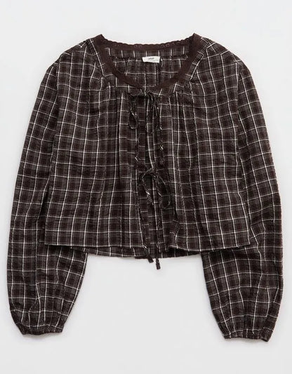 OVERSLEPT by Aerie Seersucker Long Sleeve Volume Tie Top