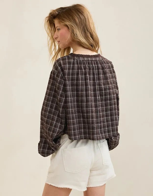 OVERSLEPT by Aerie Seersucker Long Sleeve Volume Tie Top
