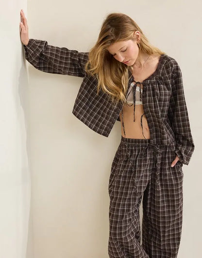 OVERSLEPT by Aerie Seersucker Long Sleeve Volume Tie Top