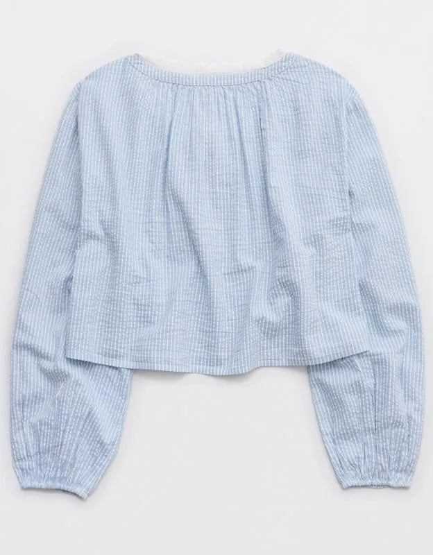OVERSLEPT by Aerie Seersucker Long Sleeve Volume Tie Top