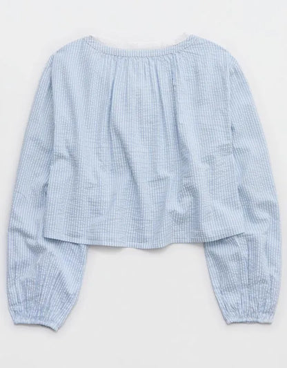 OVERSLEPT by Aerie Seersucker Long Sleeve Volume Tie Top