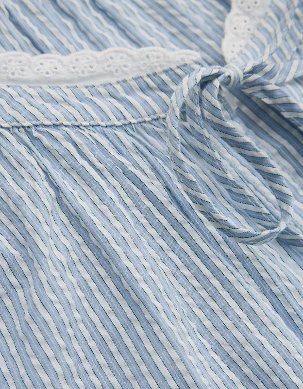 OVERSLEPT by Aerie Seersucker Long Sleeve Volume Tie Top