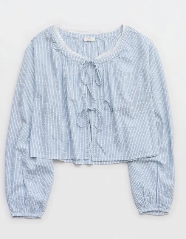 OVERSLEPT by Aerie Seersucker Long Sleeve Volume Tie Top