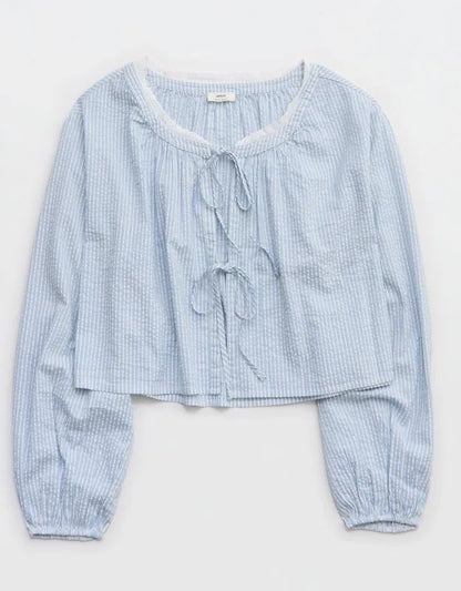 OVERSLEPT by Aerie Seersucker Long Sleeve Volume Tie Top